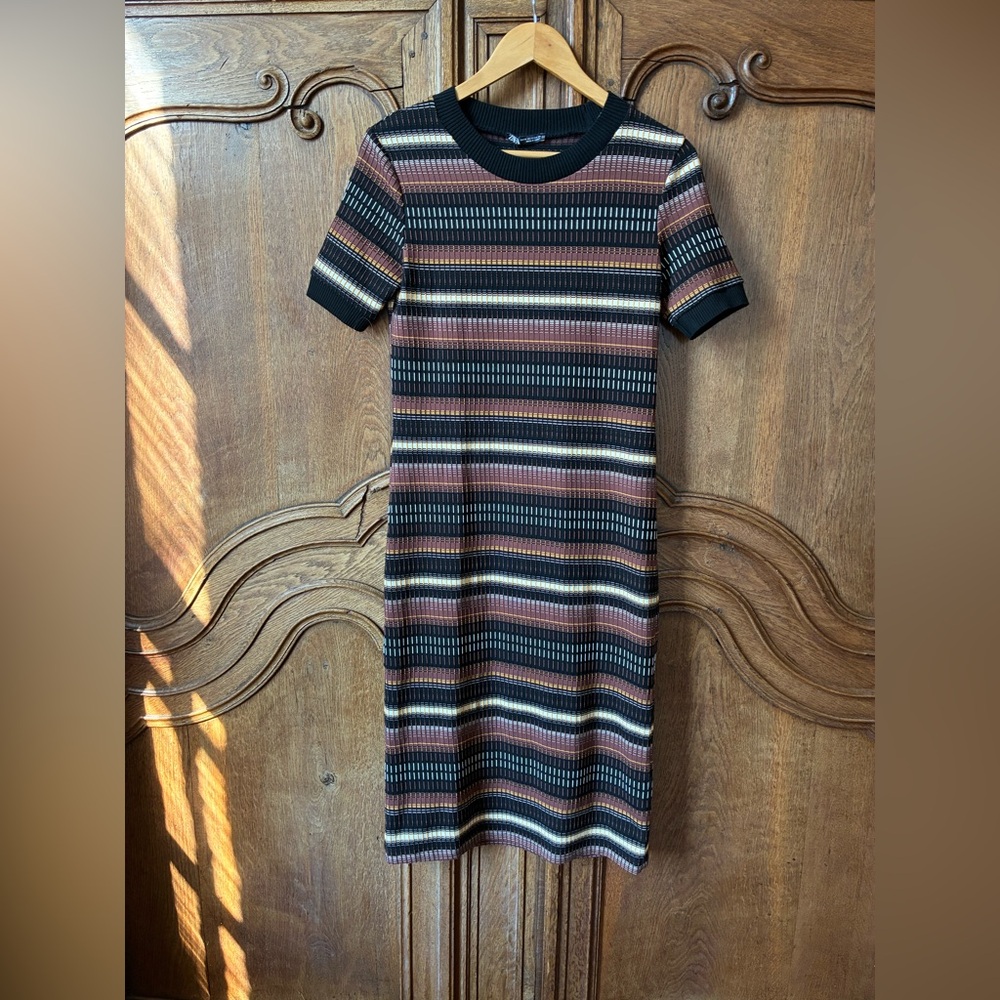 Zara Jacquard Knit Midi Dress Striped Multicolor Bodycon Size M - Picture 4 of 10